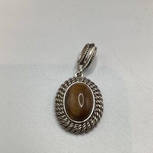 Avon Silver-Tone Brown Tiger's Eye Rope-Edged Pendant